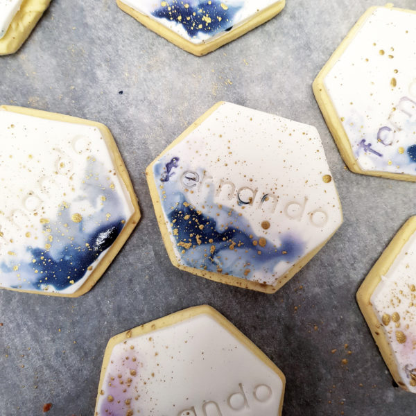 Hexagon Cookie, Blue Watercolour with Gold Splatter, The Cake Eating Co, Christchurch