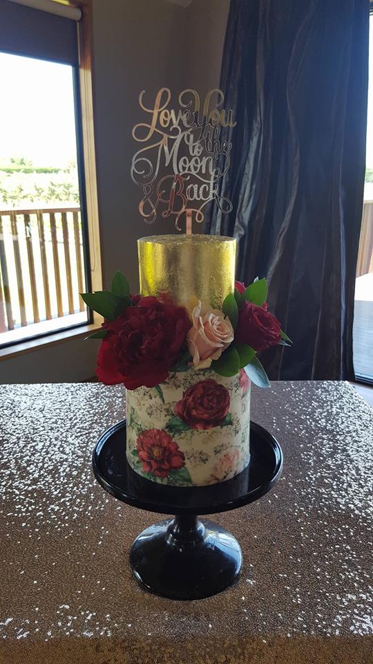 Gold And Floral Wafer Paper 2 Tier Wedding Cake
