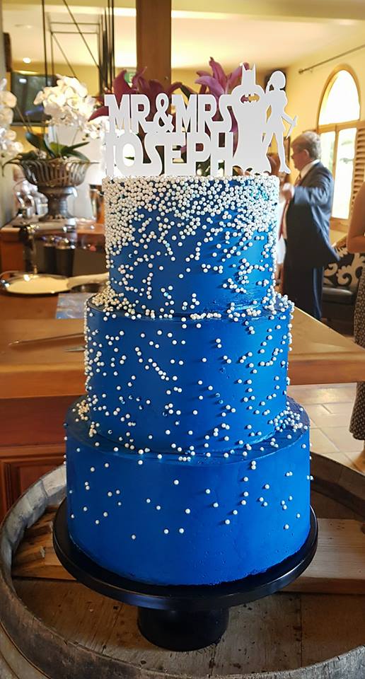 Blue and white 3 tier wedding cake