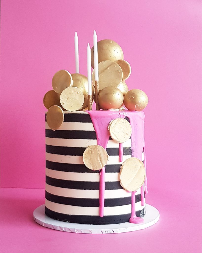 White and black stripe, pink drip, gold balls, The Cake Eating Co, Christchurch
