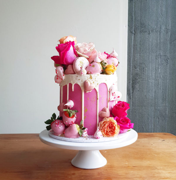 7 x 7 pink cake with white drip and other toppings, The Cake Eating Co, Christchurch