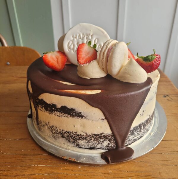 8 Chocolate Macaron and Drip Cake with Happy Birthday Cookie