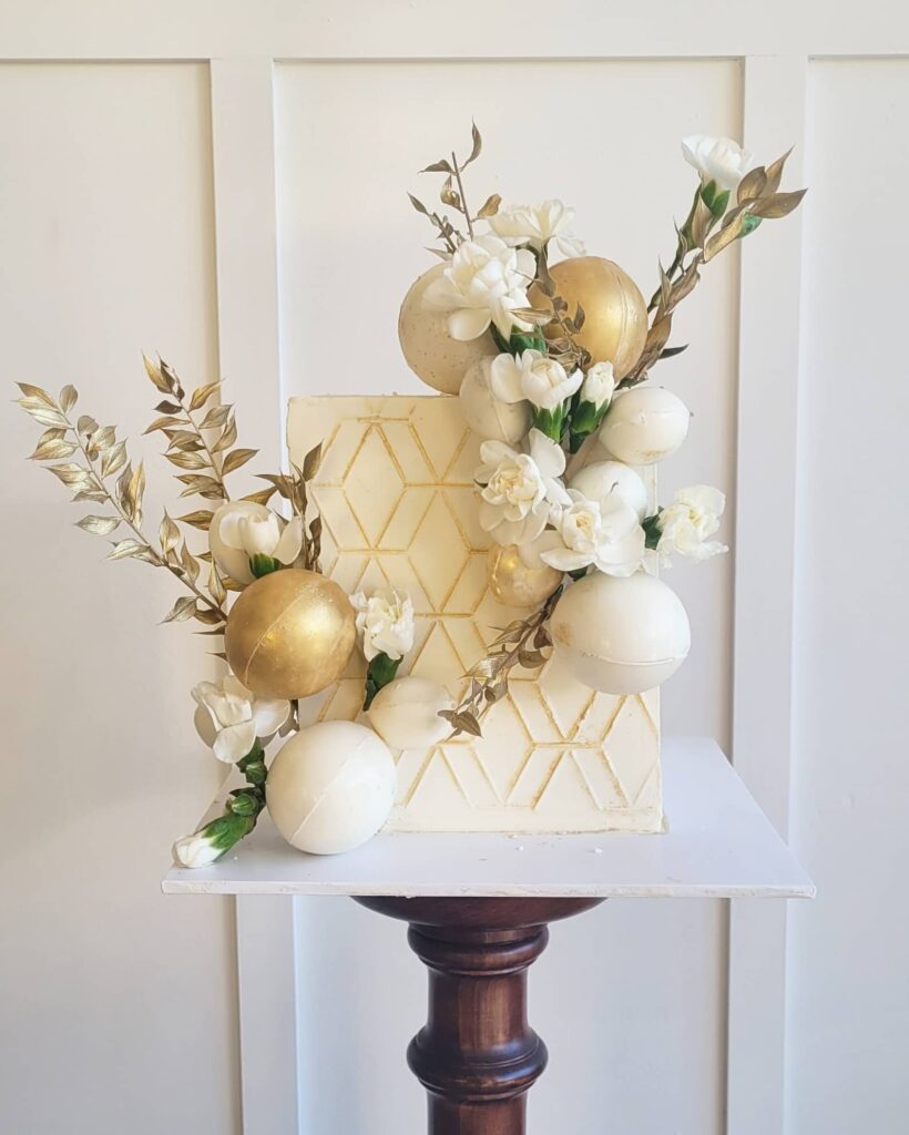 Square 30th birthday cake with white and gold accents, The Cake Eating Co, Christchurch 