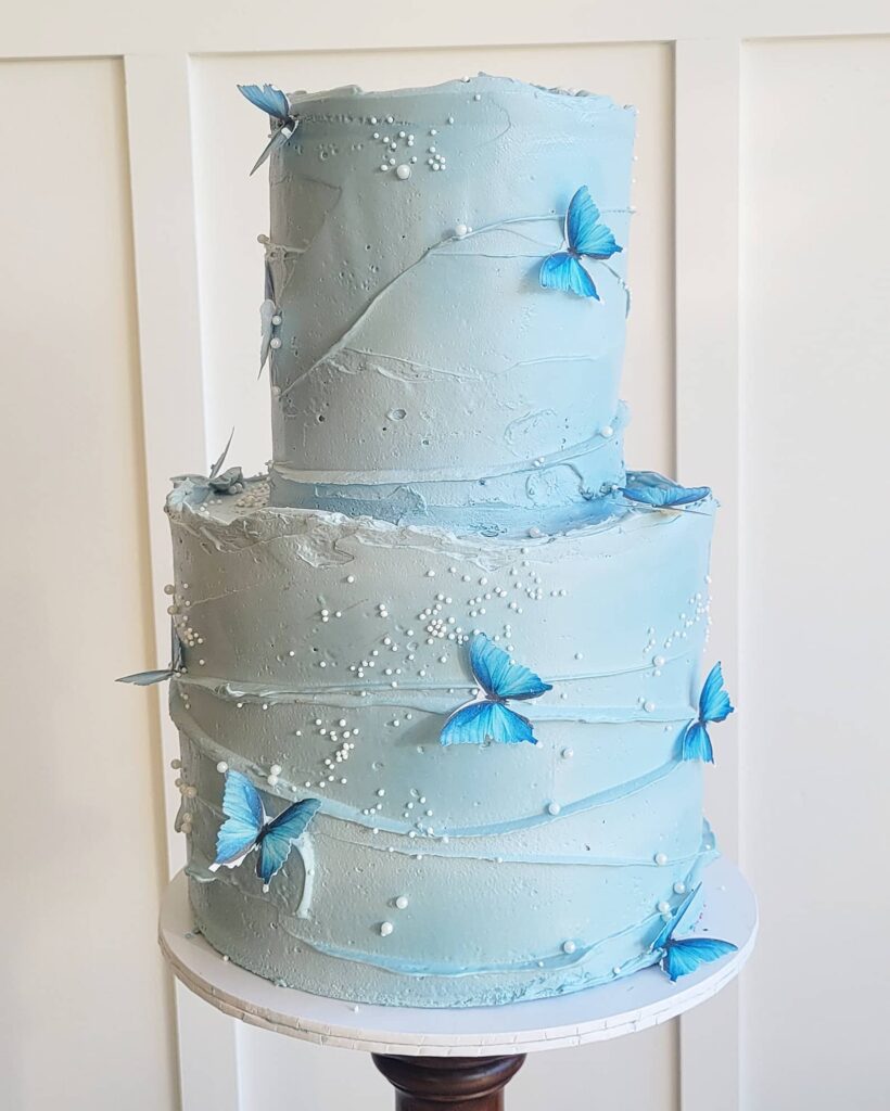 Two tier pale blue 21st birthday cake with wafer paper butterflies, The Cake Eating Co, Christchurch